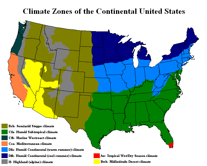 Bản đồ khổ lớn các đới khí hậu của lục địa Hoa Kỳ