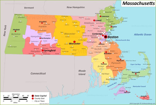 Bản đồ bang Massachusetts của Mỹ năm 2022